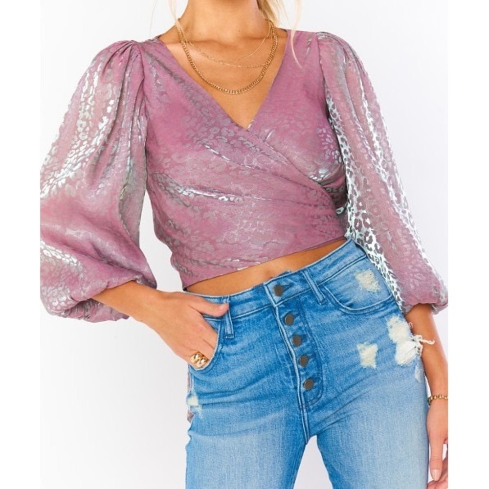 Show Me Your Mumu Joplin Top Pink Blue Cheetah Organza Iridescent Wrap XS